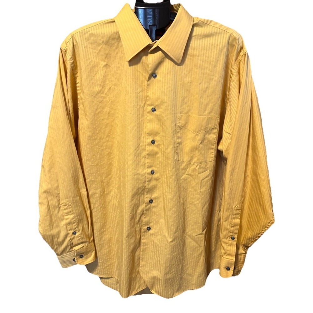 J. Garcia Mens 2X Yellow Vertical Stripes Button Up Collared Cotton Blend Shirt
